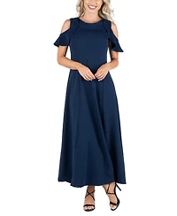 24seven Comfort Apparel Ruffle Cold Shoulder A Line Maxi Dress