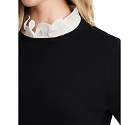 CeCe Women's Ruffle Collar & Sleeve Imitation Pearl Trim Crewneck Sweater