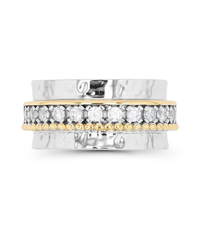 Cubic Zirconia Two Tone Hammered Band Ring Sterling Silver