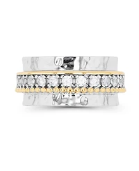 Cubic Zirconia Two Tone Hammered Band Ring Sterling Silver