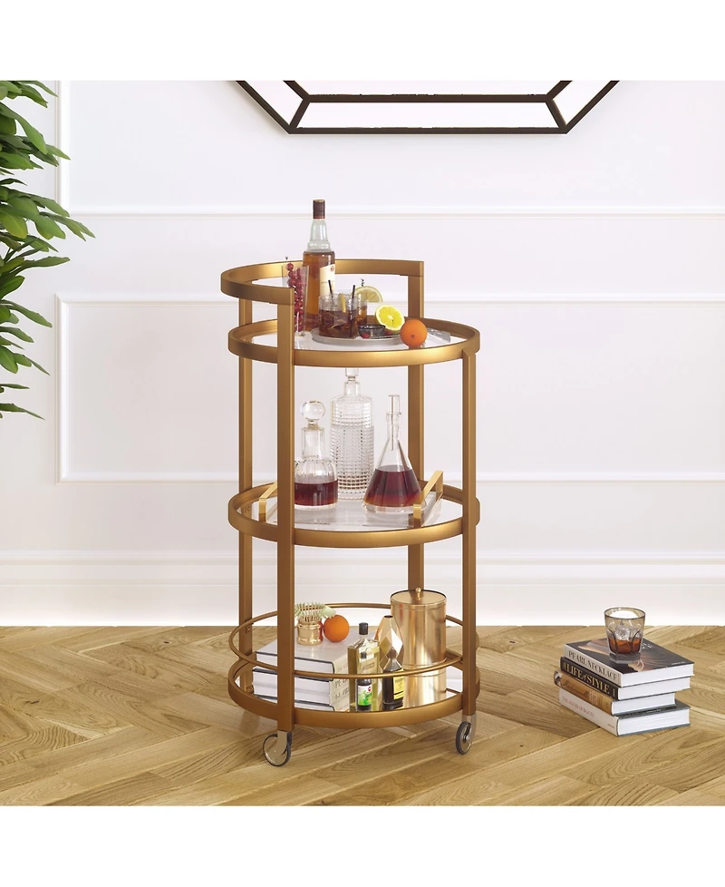 Hause Round Bar Cart with Mirrored Shelf