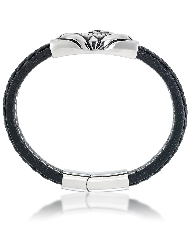 Andrew Charles by Andy Hilfiger Men's Black Leather Skull Bracelet in Stainless Steel