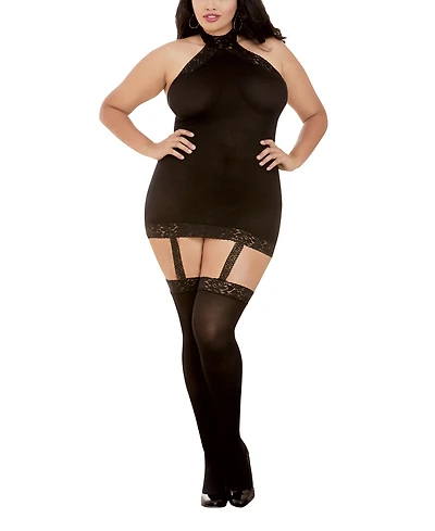 Dreamgirl Women's Plus Sheer Halter Garter Dress with Attached Garters and Stockings Lingerie Set