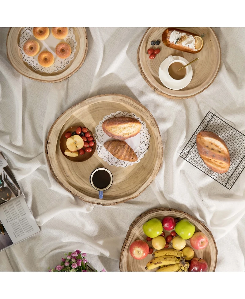 Wood Tree Bark Indented Display Tray Serving Plate Platter Charger, Set of 4