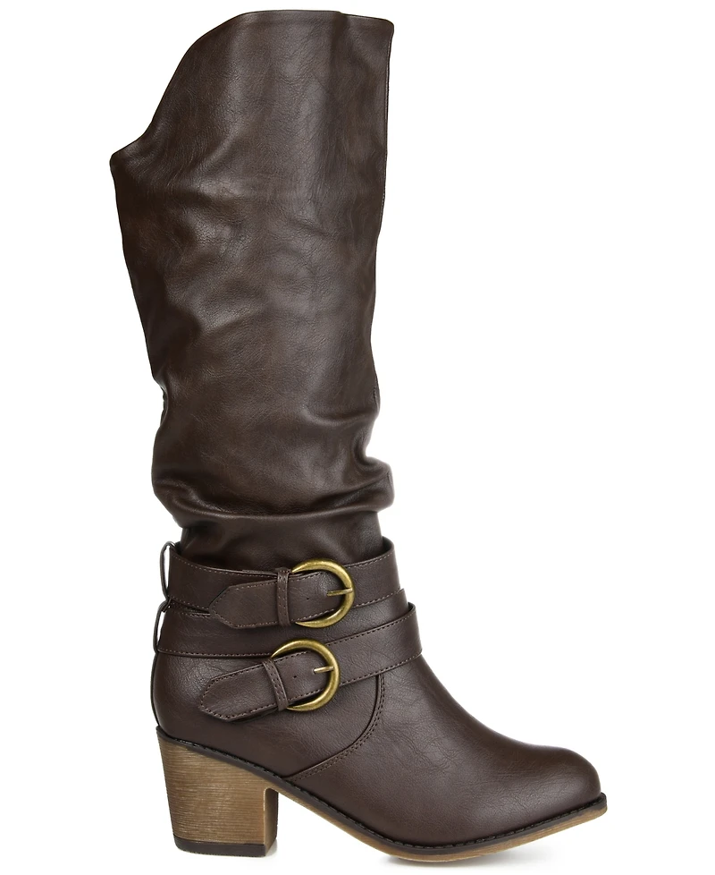 Journee Collection Women's Late Wide Calf Rouched Buckle Mid Shaft Block Heel Boots