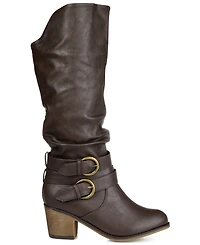 Journee Collection Women's Late Wide Calf Rouched Buckle Mid Shaft Block Heel Boots