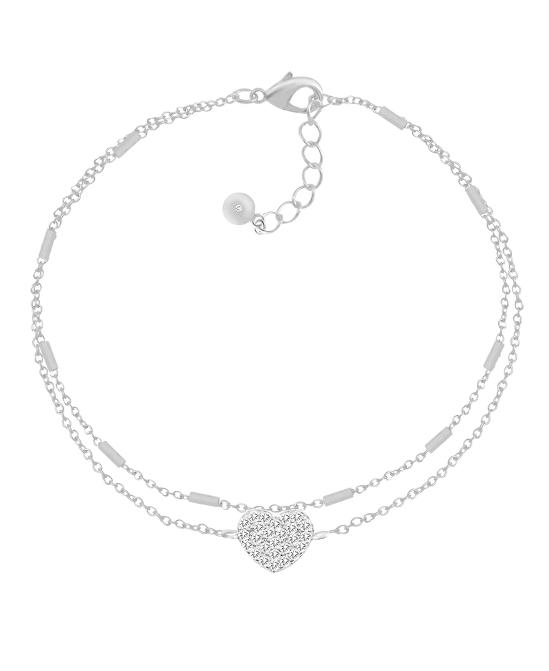 And Now This Double Row Clear Cubic Zirconia Heart Anklet in Silver Plate