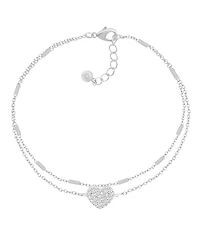 And Now This Double Row Clear Cubic Zirconia Heart Anklet in Silver Plate