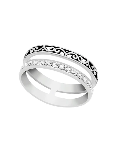 and Now This Oxidized Clear Crystal Double Row Band Ring Silver Plate