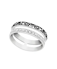 and Now This Oxidized Clear Crystal Double Row Band Ring Silver Plate