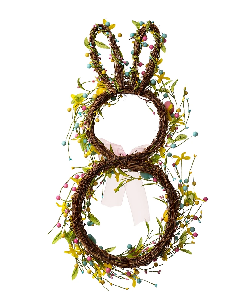 Glitzhome 24.5"H Easter Bunny Shaped Wreath with Eggs Satin Ribbon Bow