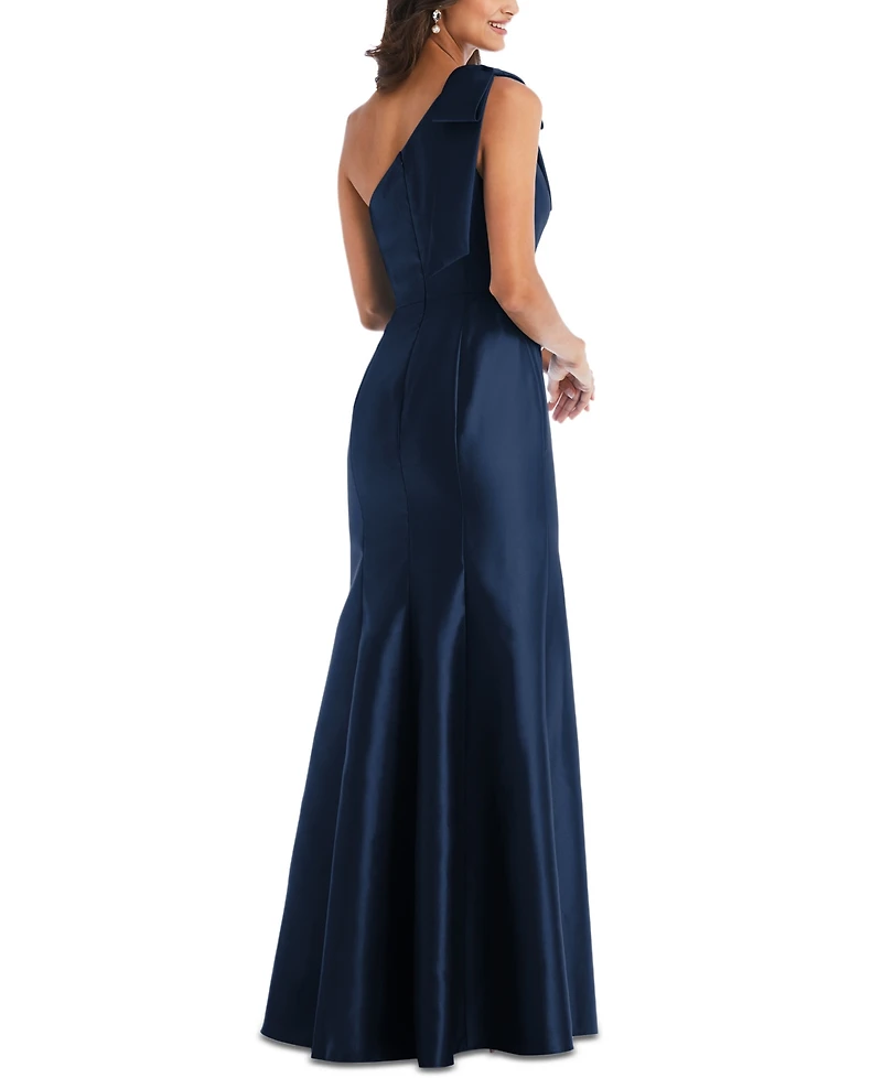 Alfred Sung Women's Bow One-Shoulder Satin Trumpet Gown