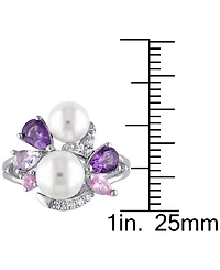 Cultured Freshwater Pearl (6-1/2 & 7-1/2mm) Multi-Gemstone (1-3/8 ct. t.w.) Cluster Ring Sterling Silver
