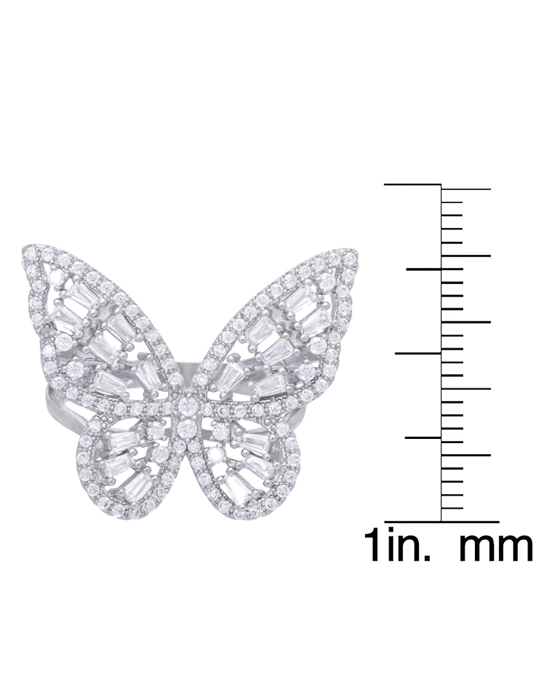 Cubic Zirconia Baguette and Round Stone Butterfly Ring in Silver Plate