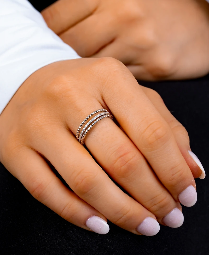 Cubic Zirconia and Twisted Band Beaded Stackable Ring Trios Gold Over Sterling Silver