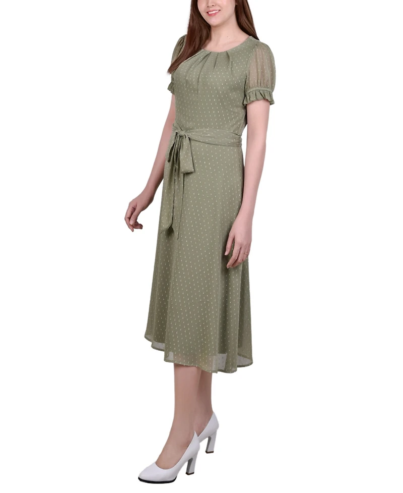 Ny Collection Petite Short Sleeve Belted Swiss Dot Dress