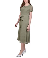 Ny Collection Petite Short Sleeve Belted Swiss Dot Dress