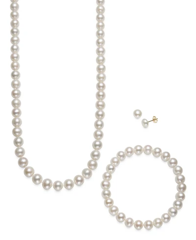 Cultured Freshwater Pearl 3 Piece Set, Necklace, Earrings and Bracelet in 14k Gold