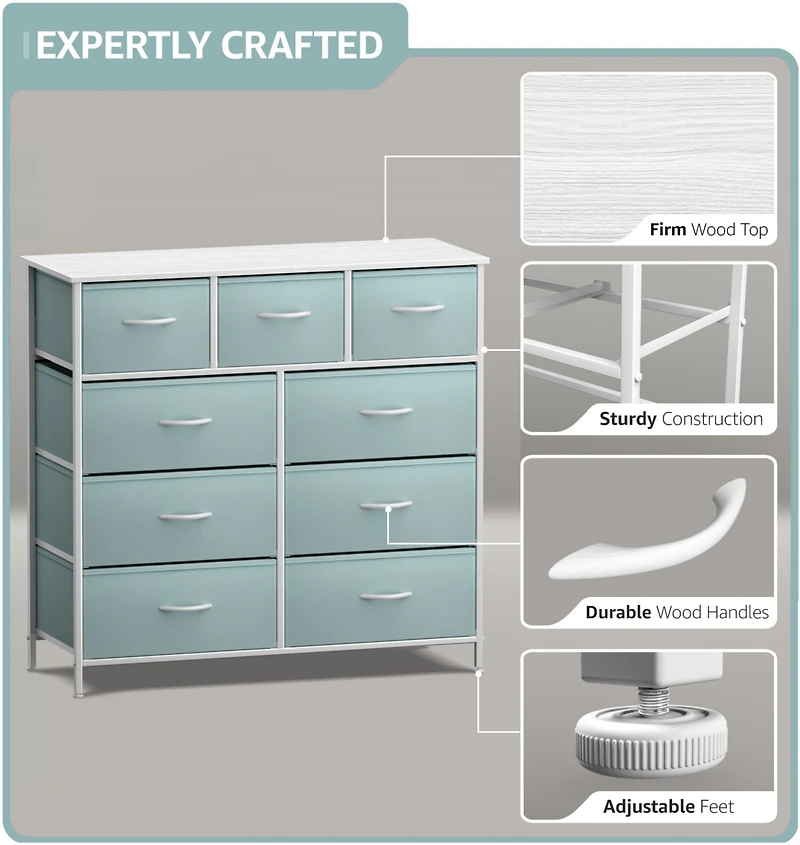 Sorbus 9 Drawers Dresser - Furniture Storage for Bedroom, Closet, Office Organization Steel Frame, Wood Top, Fabric Bins