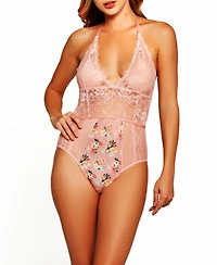 iCollection Phoeny Galloon Lace & Floral Satin Lingerie Bodysuit