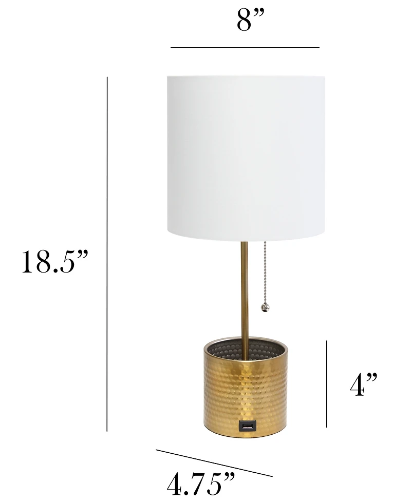 Simple Designs Hammered Metal Organizer Table Lamp with Usb Charging Port and Fabric Shade