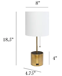 Simple Designs Hammered Metal Organizer Table Lamp with Usb Charging Port and Fabric Shade