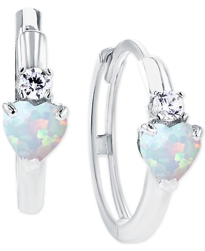 Lab-Grown Opal (1/5 ct. t.w.) & White Sapphire (1/10 Heart Small Hoop Earrings, 0.5"