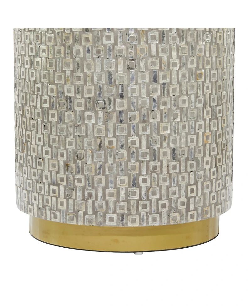 Rosemary Lane Mother of Pearl Drum Accent Table with Linear Mosaic Pattern and Gold Base