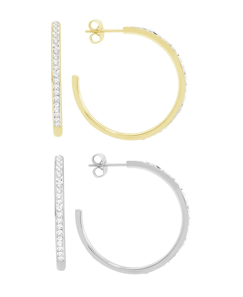 And Now This High Polished Clear Crystal Duo C Hoop Earring Pair, Gold Plate and Silver Plate