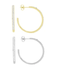 And Now This High Polished Clear Crystal Duo C Hoop Earring Pair, Gold Plate and Silver Plate