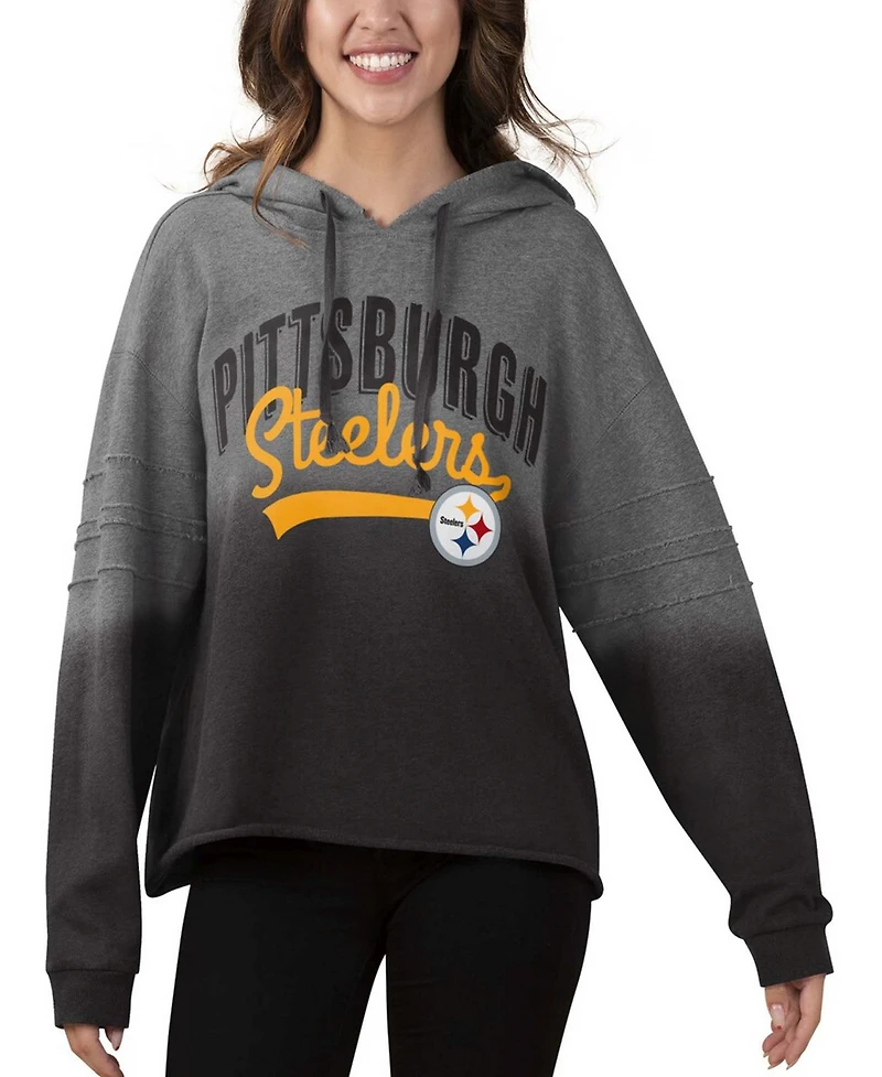 Women's Heather Gray, Black Pittsburgh Steelers Superstar Dip-Dye Crop Pullover Hoodie