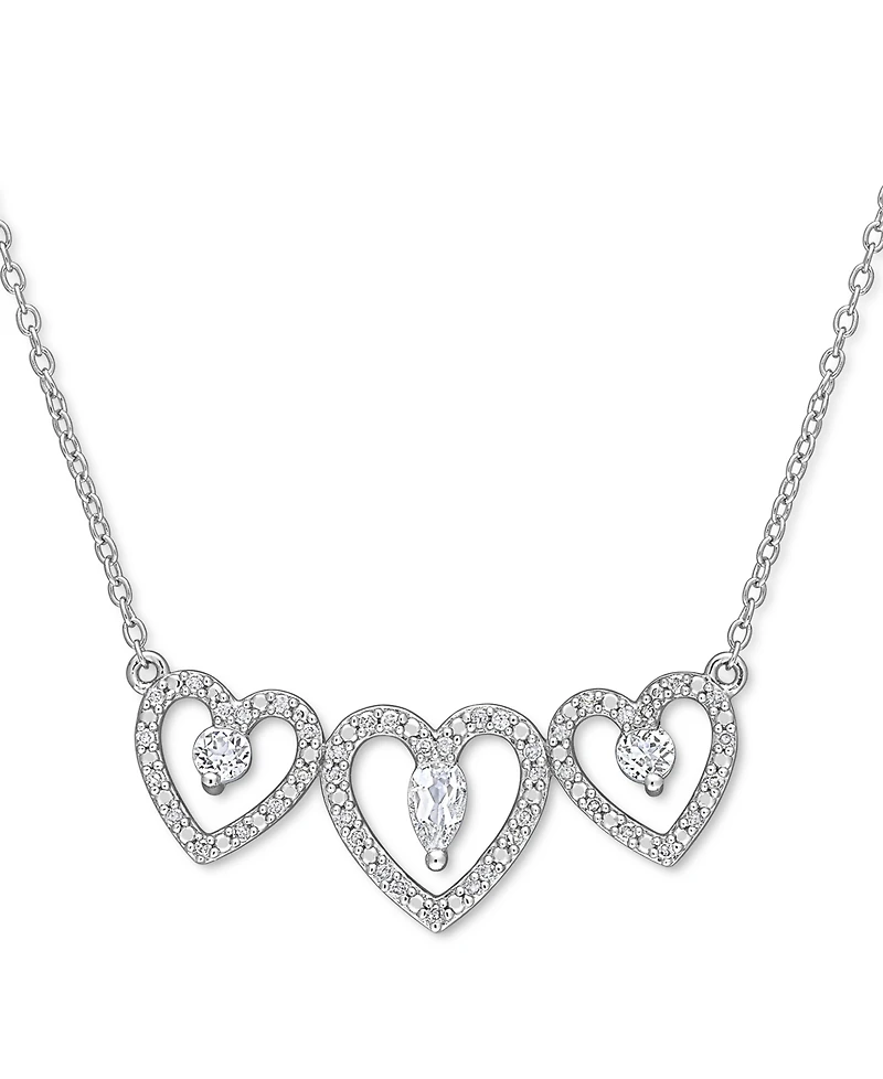 White Topaz (1/2 ct. t.w.) & Diamond (1/5 ct. t.w.) Triple Heart 18" Statement Necklace in Sterling Silver