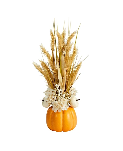 21" Autumn Dried Wheat and Pumpkin Artificial Fall Arrangement in Decorative Pumpkin Vase