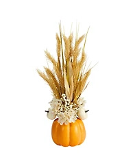 21" Autumn Dried Wheat and Pumpkin Artificial Fall Arrangement in Decorative Pumpkin Vase