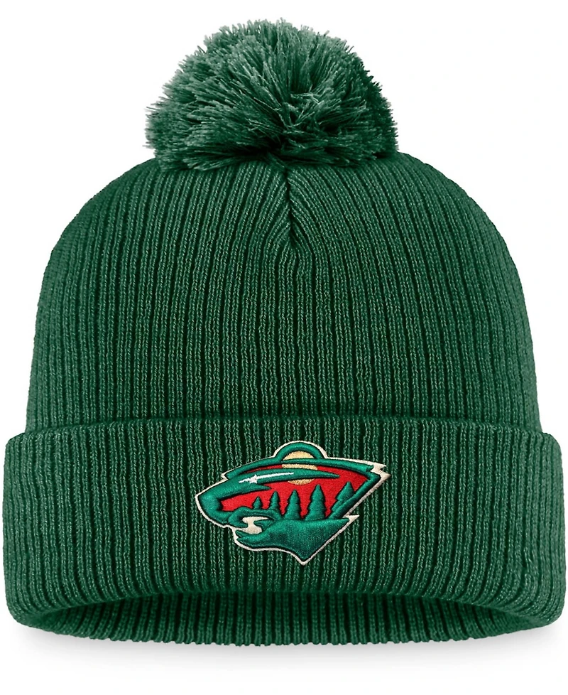 Men's Green Minnesota Wild Core Primary Logo Cuffed Knit Hat with Pom
