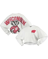 Women's White Wisconsin Badgers Raw Hem Cropped Long Sleeve T-shirt