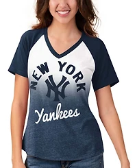 Women's Navy, White New York Yankees Shortstop Ombre Raglan V-Neck T-shirt