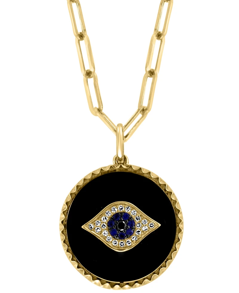 Effy Onyx, Sapphire (1/20 ct. t.w.) & Diamond (1/10 ct. t.w.) Evil Eye 18" Pendant Necklace in 14k Gold