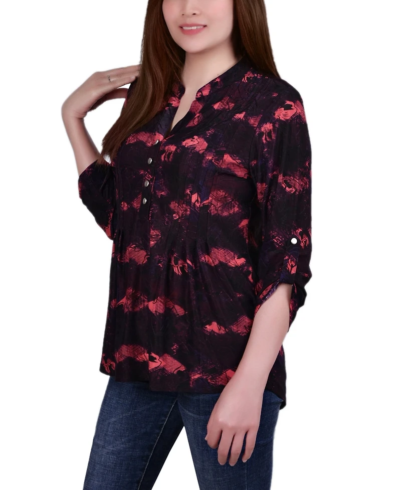 Ny Collection Petite 3/4 Roll Tab Sleeve Printed Pintuck Top