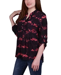 Ny Collection Petite 3/4 Roll Tab Sleeve Printed Pintuck Top