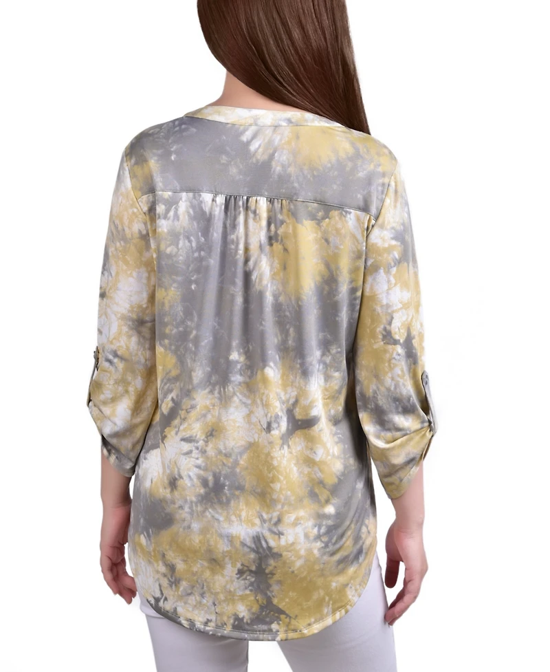 Ny Collection Petite Knit Jacquard 3/4 Sleeve Roll Tab Pintuck Top