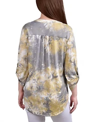 Ny Collection Petite Knit Jacquard 3/4 Sleeve Roll Tab Pintuck Top