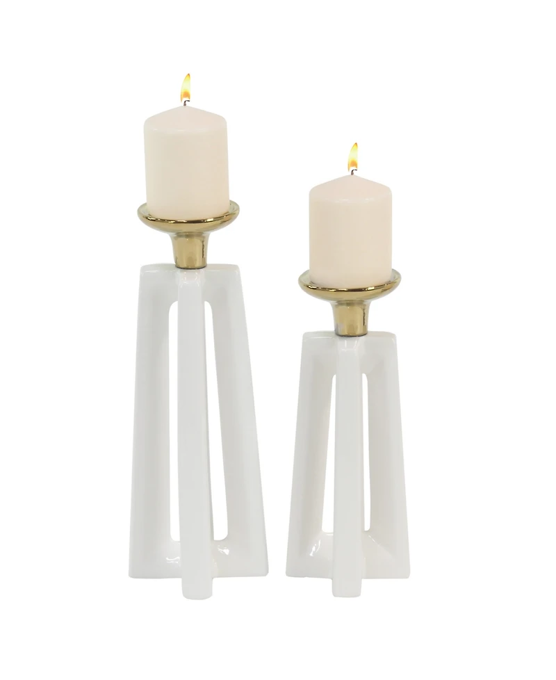 CosmoLiving by Cosmopolitan Set of 2 White Ceramic Modern Candle Holder, 12", 14"