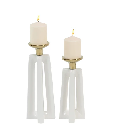 CosmoLiving by Cosmopolitan Set of 2 White Ceramic Modern Candle Holder, 12", 14"