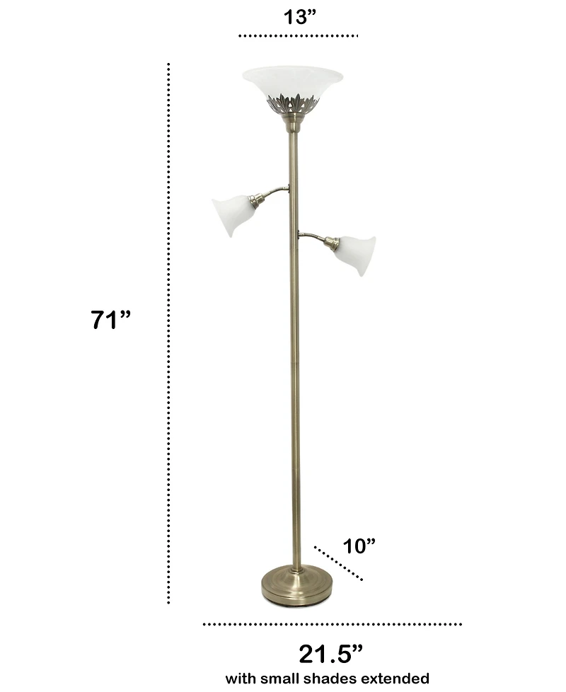 Lalia Home Torchiere Floor Lamp with 2 Reading Lights and Scalloped Glass Shades