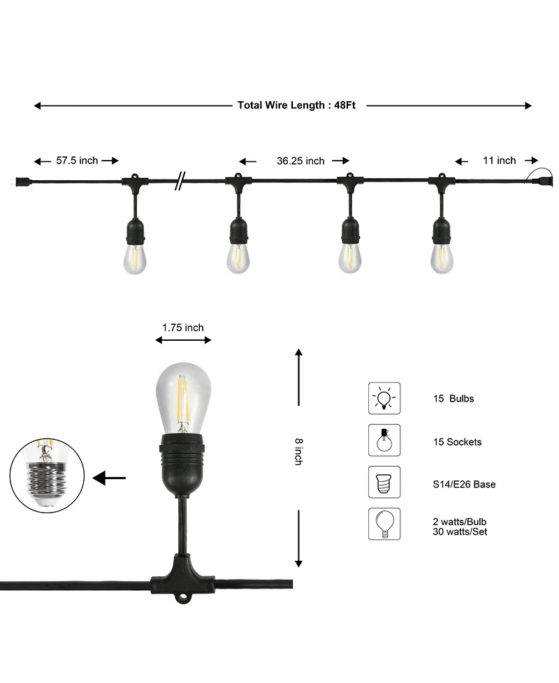 15-Light Indoor and Outdoor Rustic Industrial Led S14 Edison Bulb String Lights