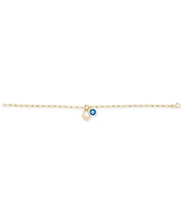 Hamsa Hand & Glass Evil Eye Charm Bracelet in 10k Gold