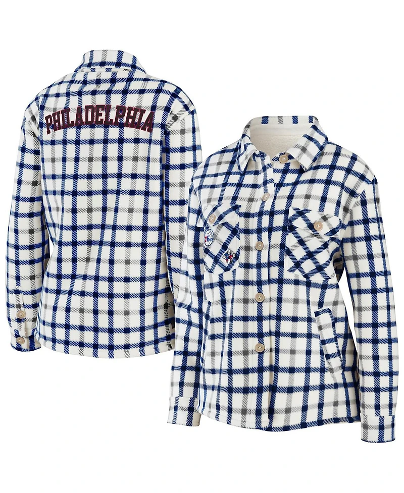 Women's Oatmeal Philadelphia 76ers Plaid Button-Up Shirt Jacket