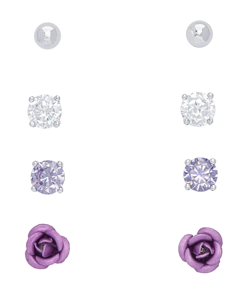 Ball, Clear, Cubic Zirconia and Rose Stud 4-Piece Earrings Set in Fine Silver Plate