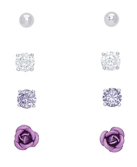 Ball, Clear, Cubic Zirconia and Rose Stud 4-Piece Earrings Set in Fine Silver Plate